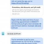Sample text interface for Ride Reminder signup tool.